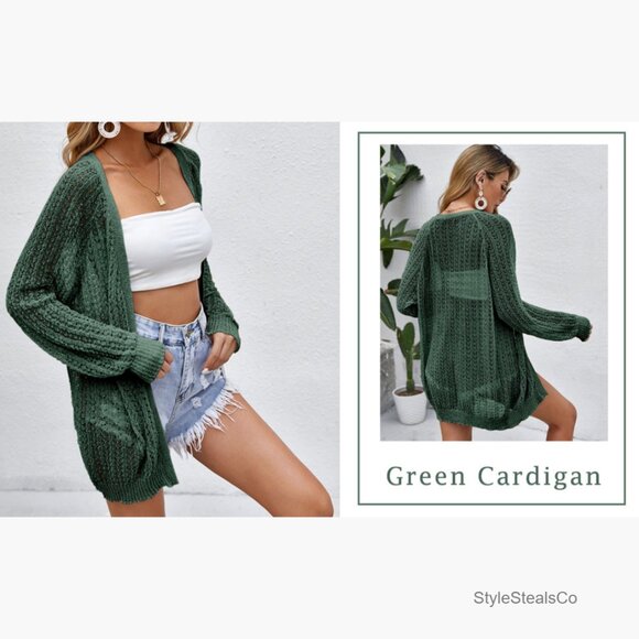 Crochet Open Front Long Sleeve Cardigan Lightweight Summer Cover Up - Picture 6 of 7